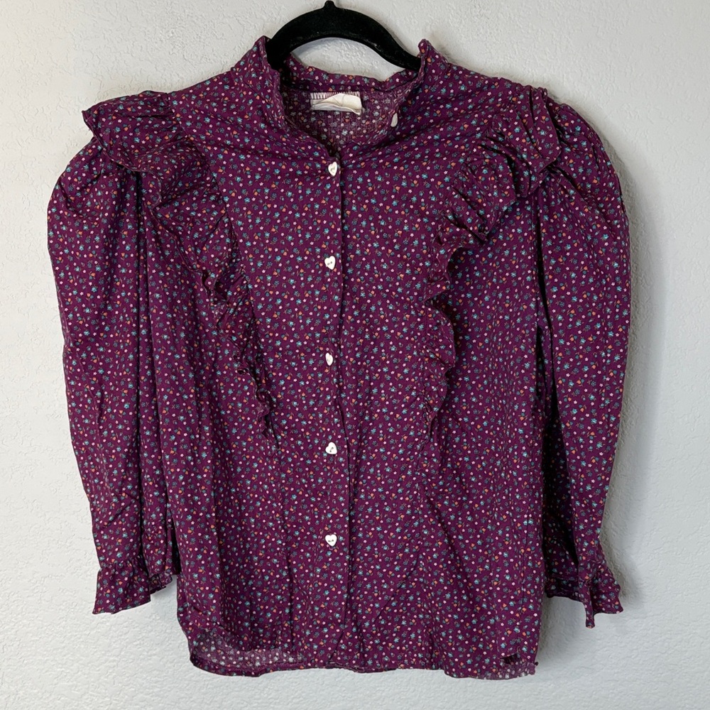 VTG Popcorn Floral Print Ruffle Purple Blouse Cotton L